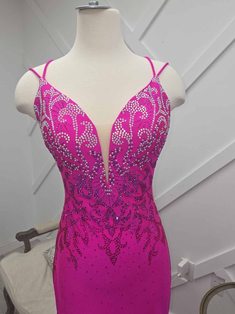 Fuchsia Crystal-Embellished Spaghetti-Strap Prom Gown